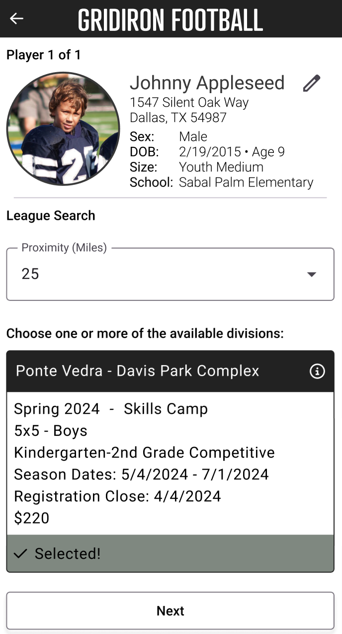 Registration — Player profile, league search, and division selection in the OSN mobile app