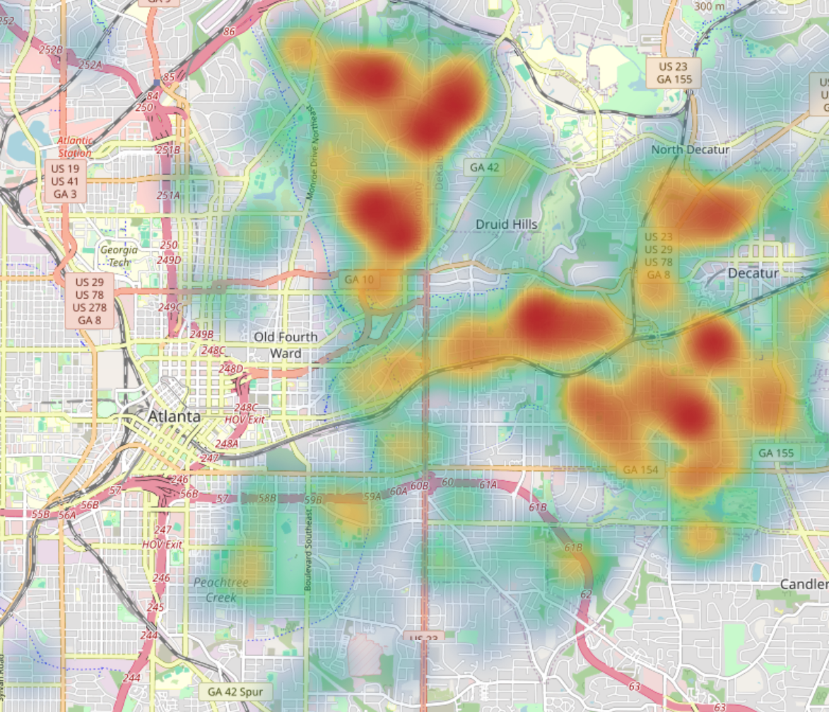 Heatmap of player density across the Atlanta metro area, with hot zones around Druid Hills and Decatur