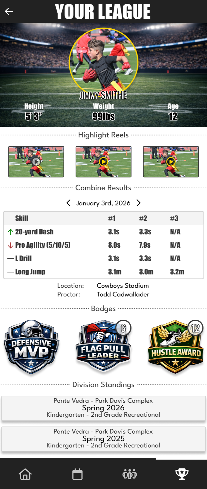 OSN player profile — Jimmy Smithe, combine results, badges, and division standings